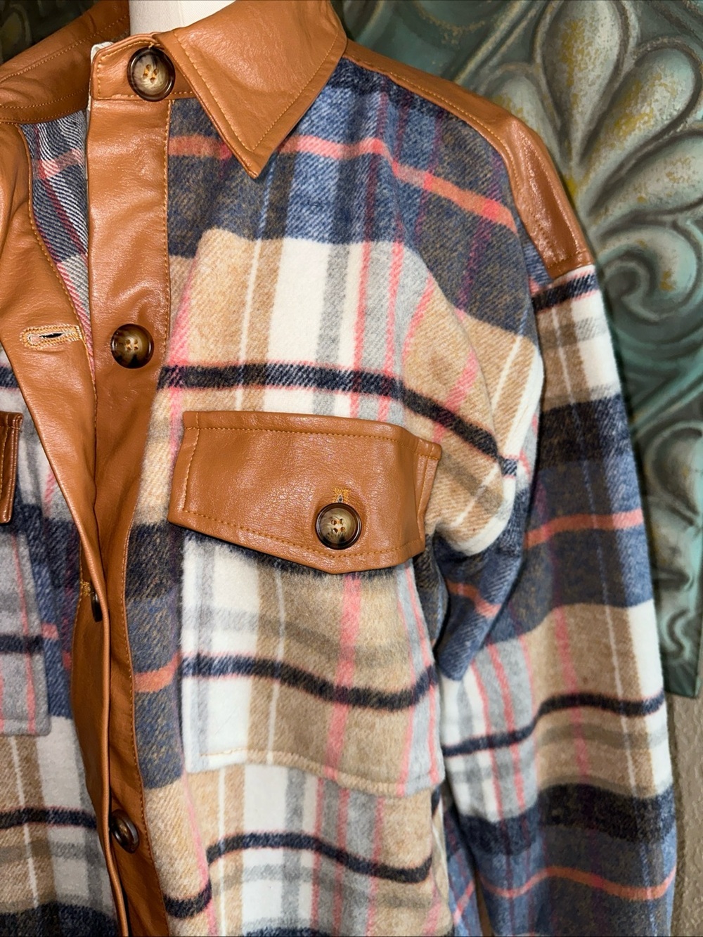easel Brown Faux Leather Trim Plaid Jacket with Blue and Pink Accents - Picture 2 of 10